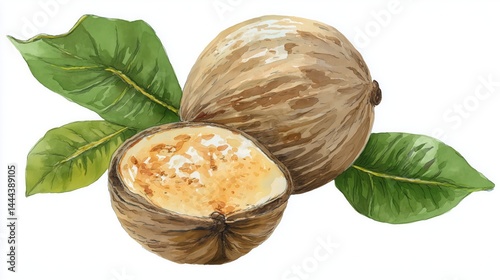Illustration highlighting organic food with a focus on a whole and split nut surrounded by leaves showcasing natural textures and colors