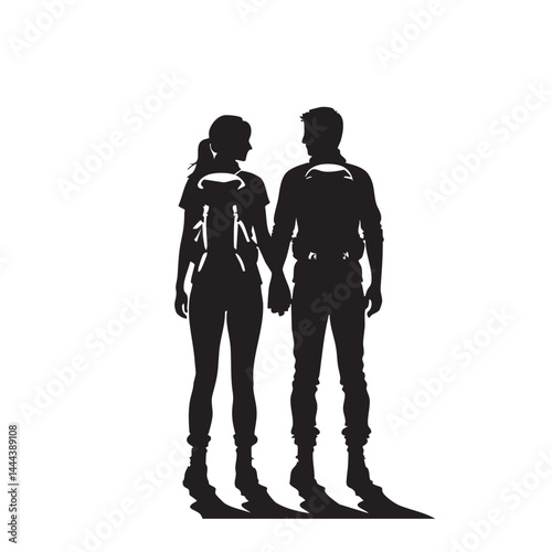 Couple Outdoors Vector Silhouette, Group of Hiking man Silhouettes. hiker with backpack and rucksacks silhouette.
