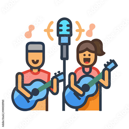 Cartoon Musicians Performing with Guitars and Microphone Image