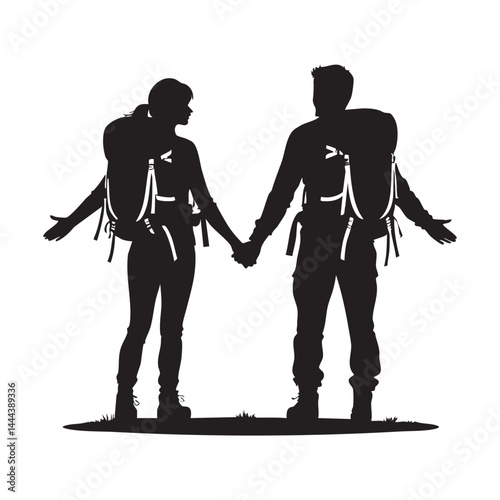 Couple Outdoors Vector Silhouette, Group of Hiking man Silhouettes. hiker with backpack and rucksacks silhouette.