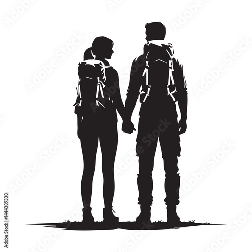 Couple Outdoors Vector Silhouette, Group of Hiking man Silhouettes. hiker with backpack and rucksacks silhouette.