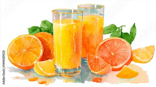 Vibrant watercolor depiction of fresh organic fruit juices and citrus oranges on a bright background