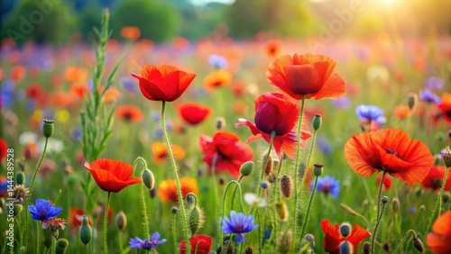 A lush summer meadow filled with vibrant red poppies swaying gently in the breeze, surrounded by soft green grass and colorful wildflowers , red poppies, flowers