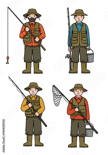 A set of 4 simple flat design fisherman characters in unique outfits and poses with fishing gear, on a clean white background.