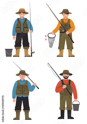 A set of 4 simple flat design fisherman characters in unique outfits and poses with fishing gear, on a clean white background.