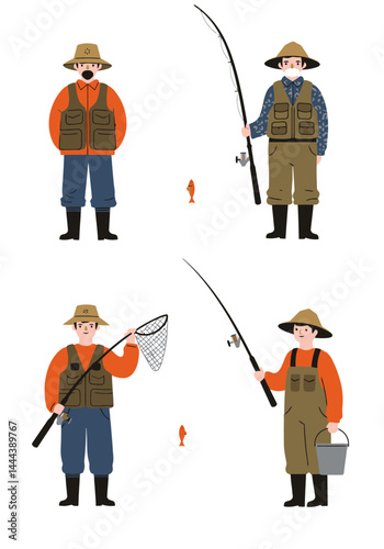 A set of 4 simple flat design fisherman characters in unique outfits and poses with fishing gear, on a clean white background.