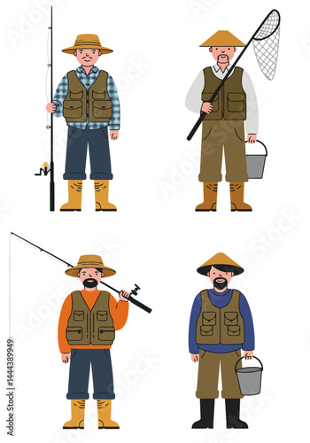 A set of 4 simple flat design fisherman characters in unique outfits and poses with fishing gear, on a clean white background.