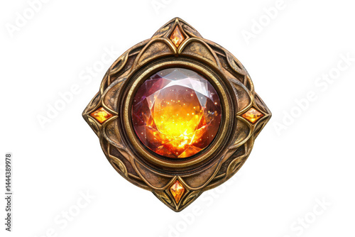 A stunning, ornate gem with a fiery glow, surrounded by intricate golden patterns.