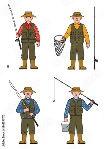 A set of 4 simple flat design fisherman characters in unique outfits and poses with fishing gear, on a clean white background.