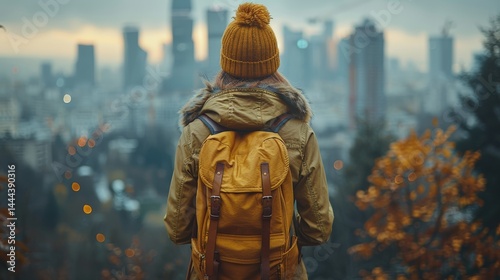 Young woman enjoying urban panorama view with backpack on cool autumn day