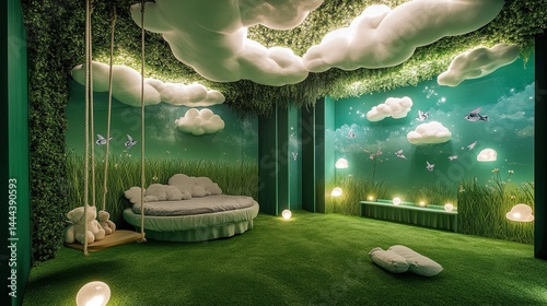 A dreamy sky park-themed room featuring a grassy carpet area