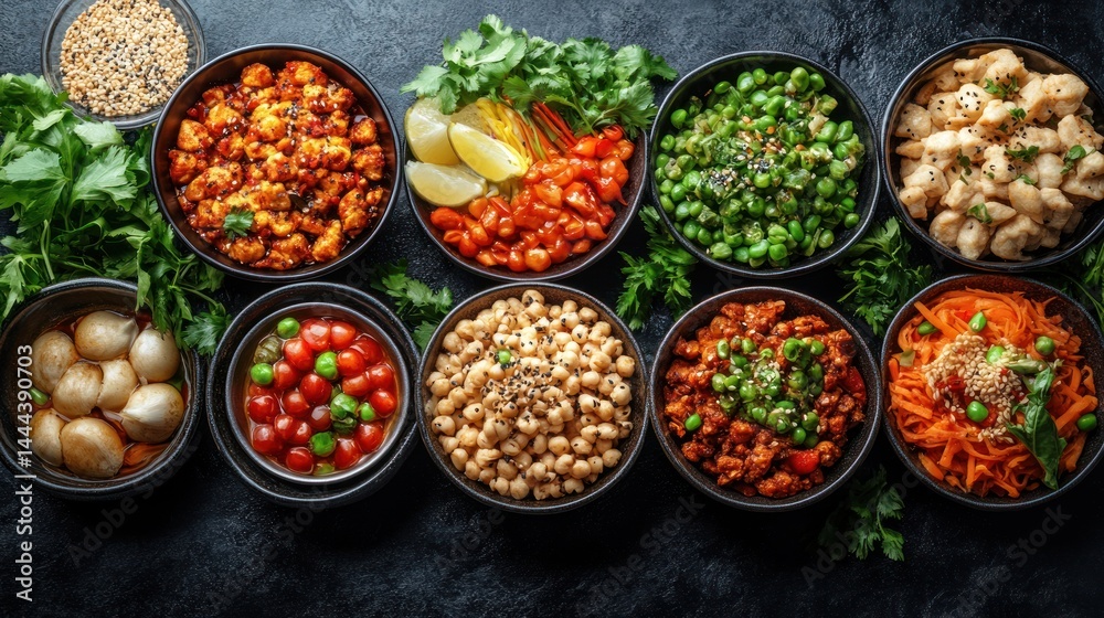 Bowls of various ingredients arranged on a dark surface with herbs. Bowls of various ingredients arranged on a dark surface with herbs.