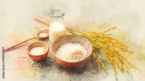Organic food watercolor depicting rice, milk, and natural grains on a rustic table