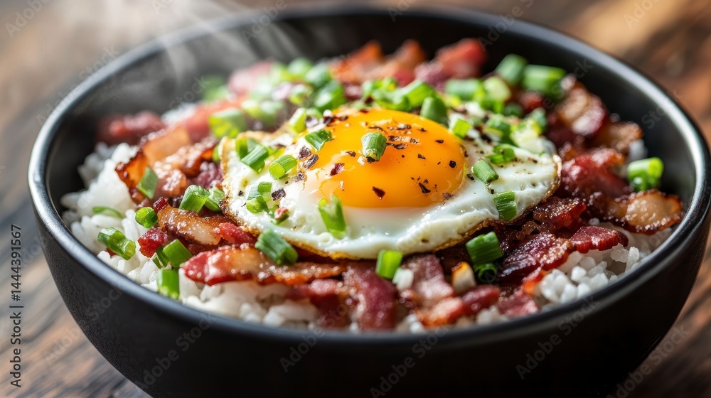 Steaming bowl of rice topped with crispy bacon, a fried egg, and green onions. Steaming bowl of rice topped with crispy bacon, a fried egg, and green onions.