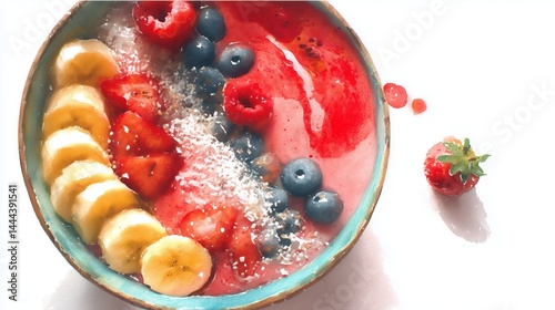 Colorful watercolor depiction of organic fruits arranged in a fresh and vibrant bowl