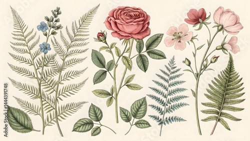 A collection of hand-drawn botanical illustrations rendered in a vintage style, showcasing detailed plant and floral elements. Perfect for antique-themed designs, packaging, and educational materials.