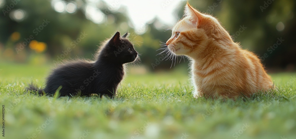 Adorable Kittens Encounter: A Ginger and Black Kitten's Grassy Gaze