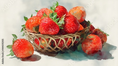 Beautiful watercolor artwork depicting a woven basket filled with fresh, ripe strawberries resting on a soft background