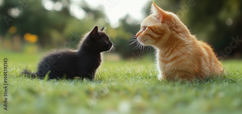 Obraz na płótnie Adorable Kittens Encounter: A Ginger and Black Kitten's Grassy Gaze w salonie
