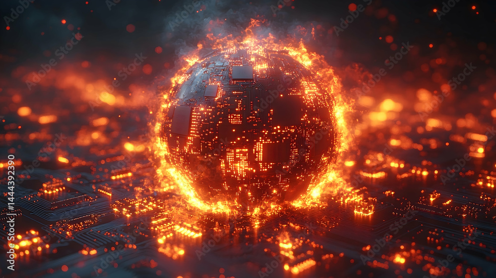 Obraz premium A glowing sphere embedded with circuit patterns emits fiery particles into a dark atmosphere creating contrast