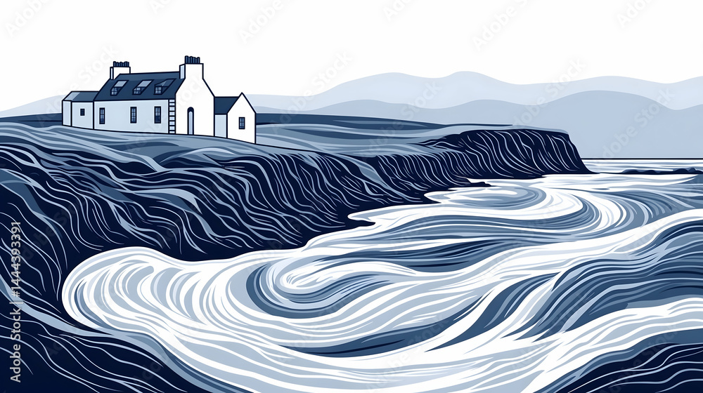 Fototapeta premium House overlooks rough seas and a cliff coastline with hills in the background Monochromatic hues of blue prevail