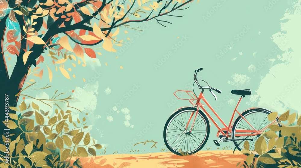 Fototapeta premium Celebration of world bicycle day with a bike resting under a tree in a scenic park. Horizontal banner. Copy space. World Car Free Day. Flat illustration