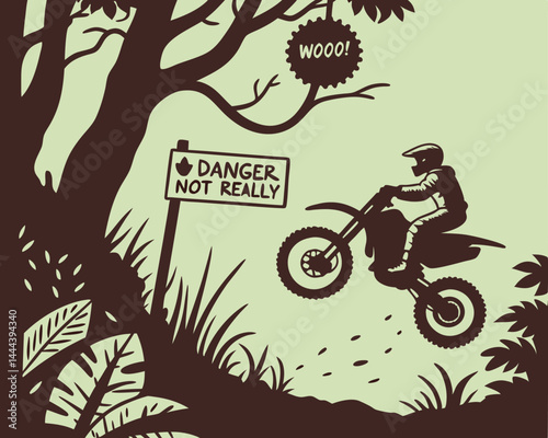 Vector illustration Motorcyclist Jumping on Dirt Trail in Scenic Forest Setting