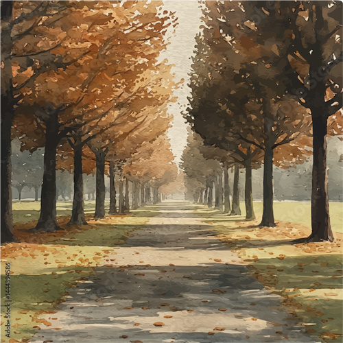 Foggy Spring Morning In A Park, vector watercolor illustration, isolated on a white background.