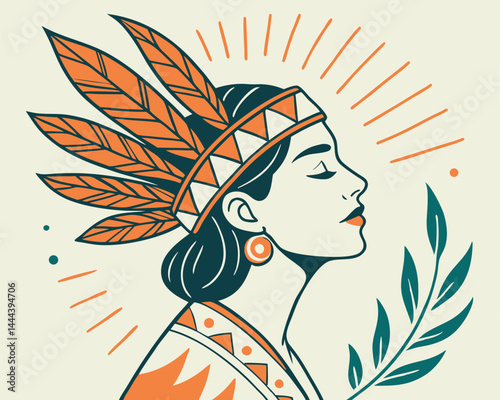 A stylized illustration of a woman in profile, adorned with a decorative headdress made of vibrant orange feathers