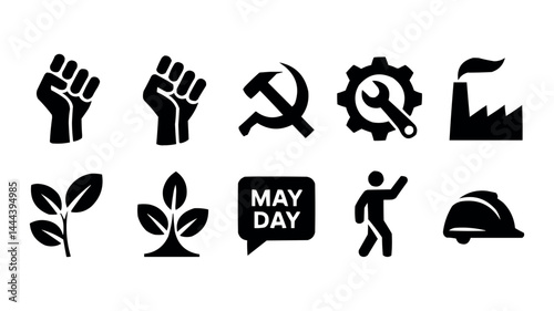 May Day Labor Protest Icons with Raised Fist and Worker Symbols