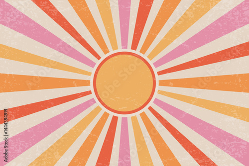 Retro sun background. Retro groovy radial rays. Vector 70s summer vintage poster. Abstract carnival graphic. Grunge texture wallpaper.