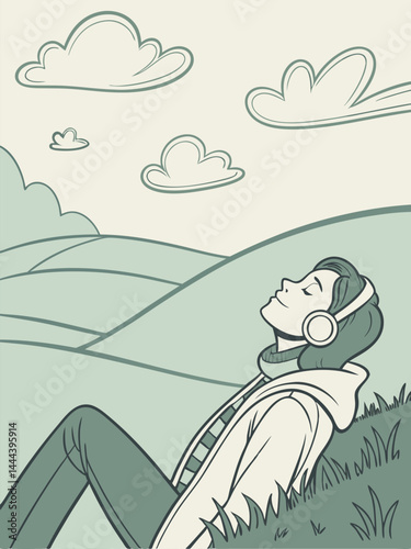 Illustration of a Relaxed Woman Enjoying Nature While Listening to Music