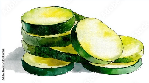 Colorful watercolor artwork featuring stacked zucchini slices showcasing organic food in a creative culinary design