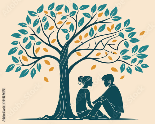 Illustration of a Couple Sitting Together Under a Tree in Autumn