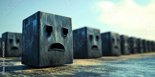 A lineup of digital blocks with sorrowful faces, slowly crumbling into nothingness.