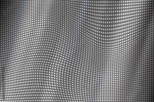 Dotted halftone silver perforated silver film. Vector pixel metal texture background. Distorted black backdrop with holes.