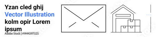 Envelope icon alongside warehouse outline with stacked boxes, reflecting communication and logistics. Ideal for postal service, delivery, shipping, e-commerce, warehouse management, logistics