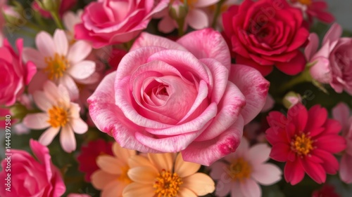 A vibrant bouquet of pink and red roses and delicate daisies creates a stunning floral arrangement perfect for celebrations.