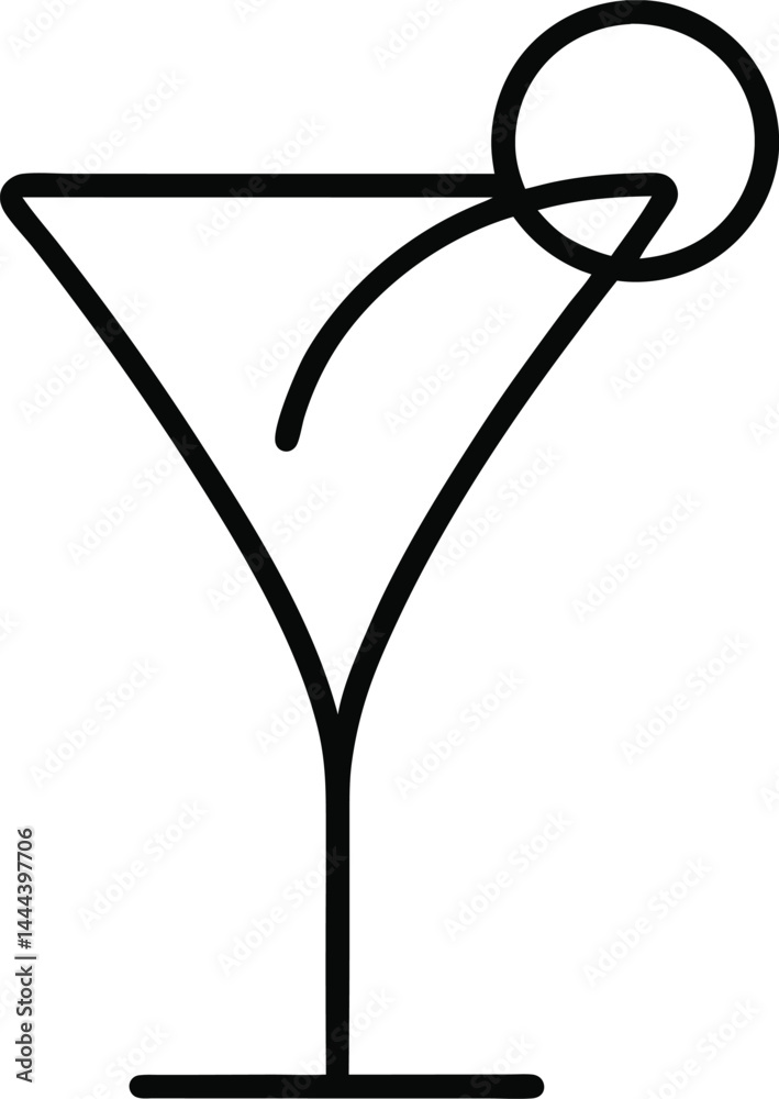 Cocktail glass drawn in minimalist continuous line art style representing elegant drinkware perfect for bar menus celebration graphics or sophisticated event designs Cocktail glass drawn in minimalist continuous line art style representing elegant drinkware perfect for bar menus celebration graphics or sophisticated event designs