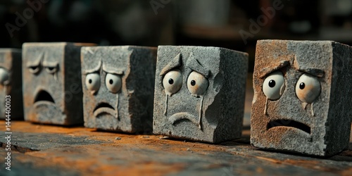 A row of blocks with visibly crumbling, tearful faces symbolizing the decline of a brand. photo