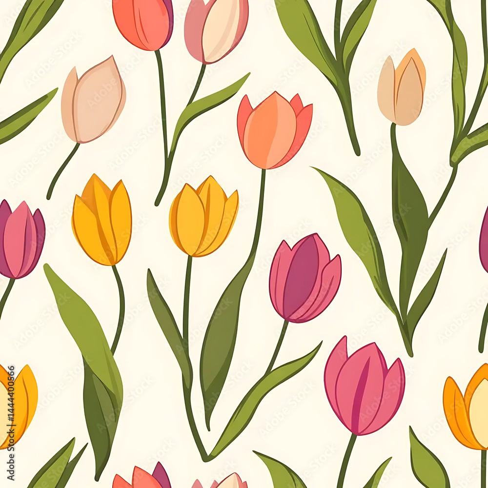 Tulip Garden Delight a vibrant and cheerful seamless pattern showcasing a whimsical array of tulips in various shades of pink, yellow, orange, and purple, bringing a burst of color and freshness. Tulip Garden Delight a vibrant and cheerful seamless pattern showcasing a whimsical array of tulips in various shades of pink, yellow, orange, and purple, bringing a burst of color and freshness.