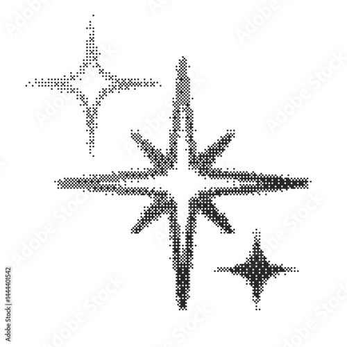 Bitmap pattern abstract star shapes. Halftone gradient elements on white background. Dither noisy grunge texture. Vector dither symbol. Y2k graphic abstract cosmic icons. Noisy grunge texture.