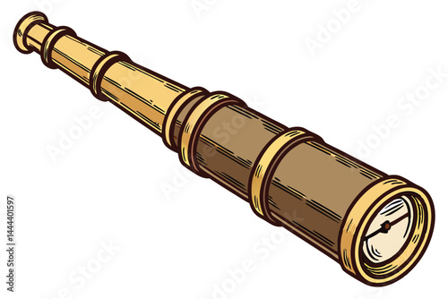 43 Vintage brass telescope, ornate spyglass, steampunk aesthetic, antique nautical instrument, golden and brown tones, detailed craftsmanship, cylindrical shape, optical device, exploration tool, mari