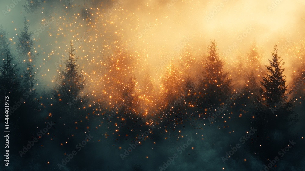 Naklejka premium Forest ablaze with fiery sparks in a hazy atmosphere.