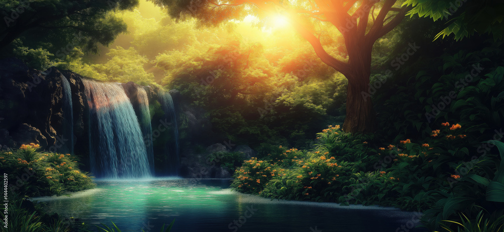 Serene waterfall cascading into tranquil pool surrounded by lush greenery and sunlight.