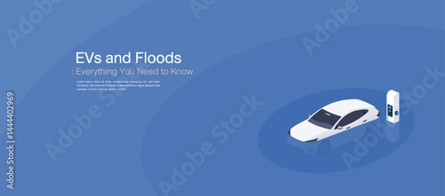 EVs and Floods concept showing an electric car and charger surrounded by water, representing climate risks and safety concerns in urban flooding situations.
