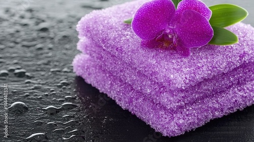 Stunning purple flower gracefully positioned on a black surface highlighting its natural beauty
