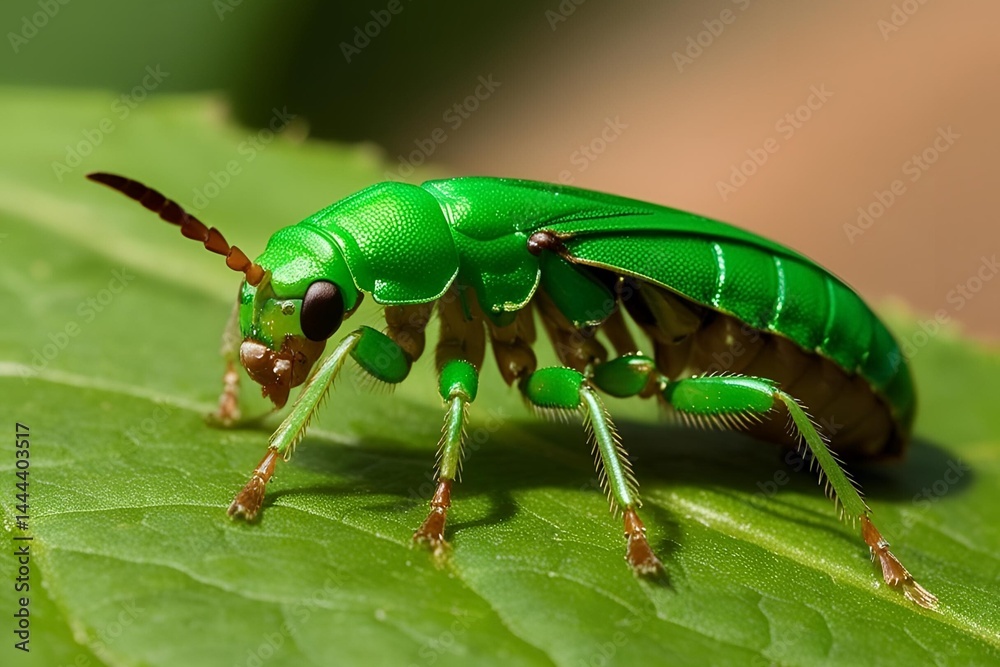 Fototapeta premium Macro close-up of a vibrant green insect resting on a leaf, showcasing its detailed exoskeleton, tiny legs, and delicate features with soft, natural lighting.