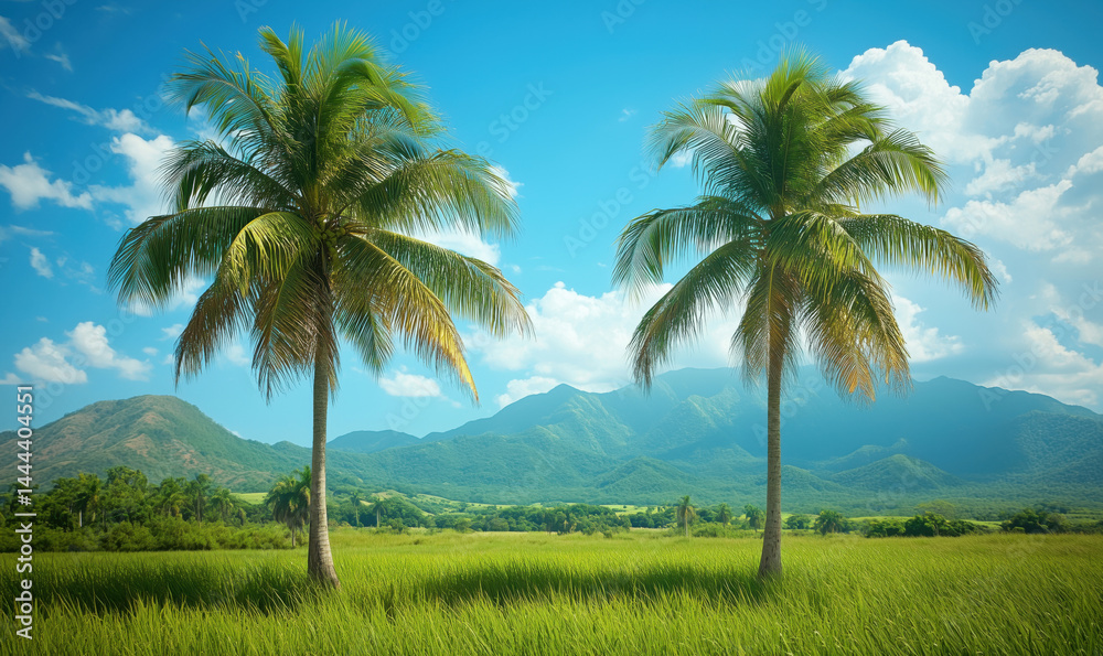 tropical landscape with palm trees and mountains under blue sky. tropical landscape with palm trees and mountains under blue sky.