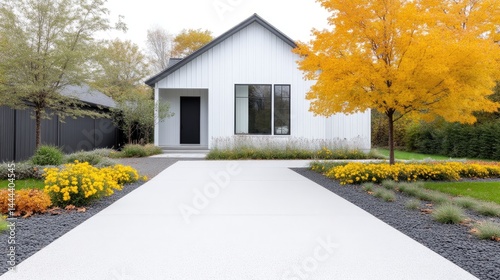 Modern Farmhouse Landscape Vibrant Autumn Foliage Crisp High-Resolution Wide Angle View Neat Landscaping Design Autumnal Display Bright Yellow Tones Real Estate Marketing